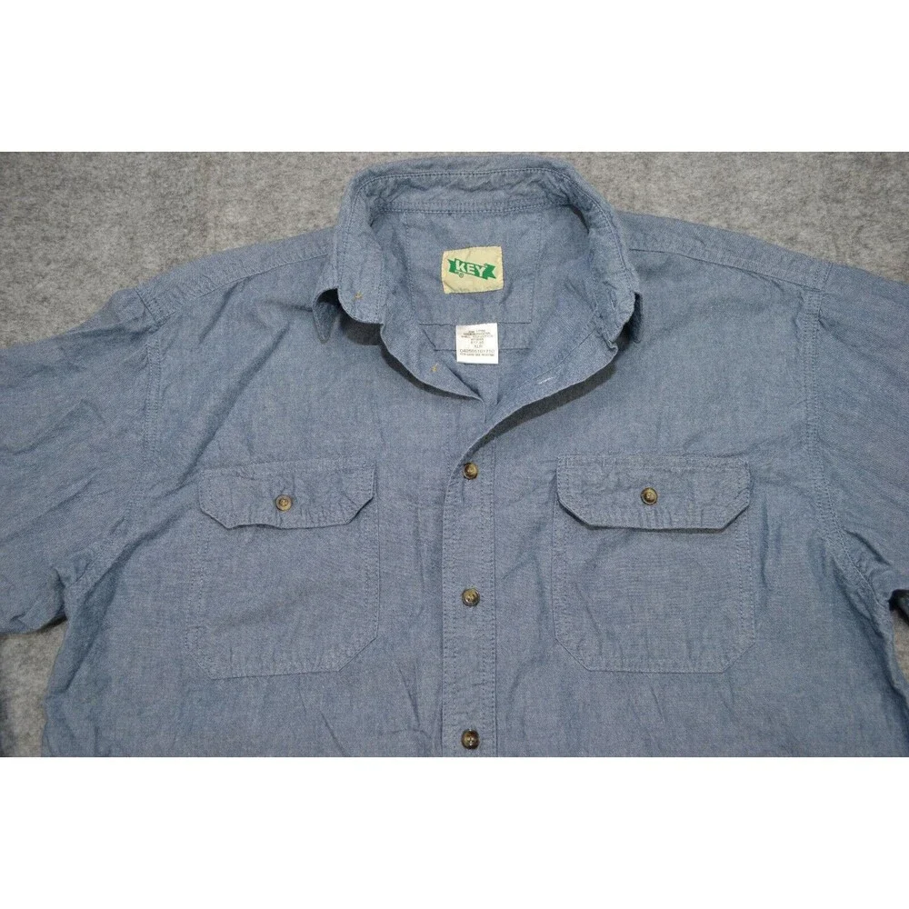 Vintage KEY Blue Denim Pearl‎ Snap Button Front Western Shirt Size XL Regular